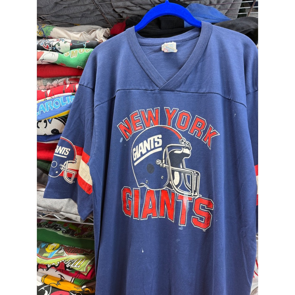 Vintage 80s New York Giants V-Neck T-Shirt Blue Mens 2XL NFL Jersey Style